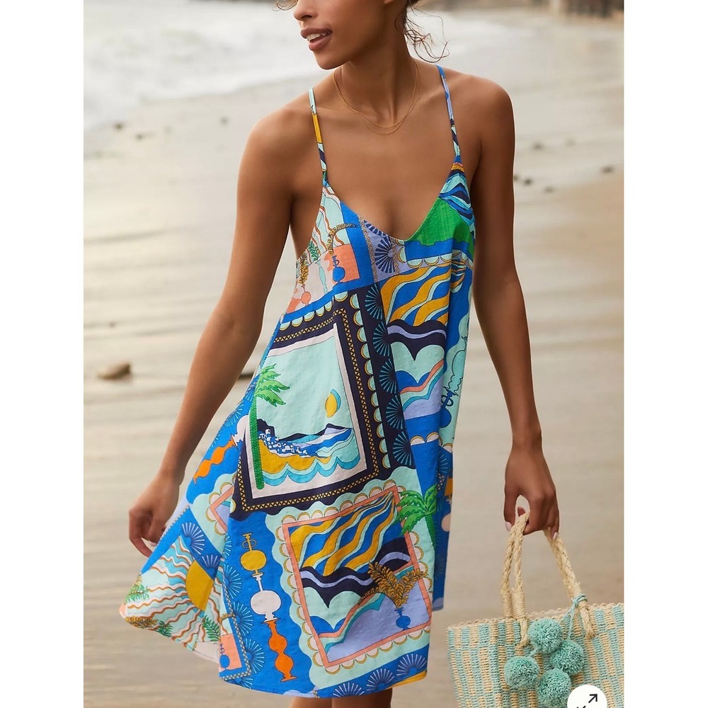 Anthropologie Blue Green Multicolor Printed Swim Coverup Slip Dress